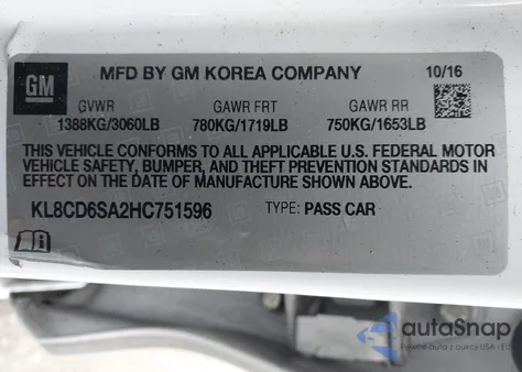 2017 Chevrolet Spark 1Lt Cvt z USA, uszkodzony, nr VIN KL8CD6SA2HC751596